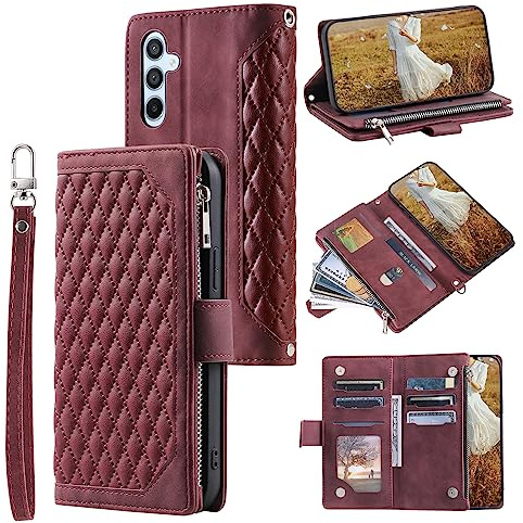 QLTYPRI Case for Samsung Galaxy A17 5G, Luxury Quilted PU Leather Wallet Case with Card Slots for Women, Magnetic Zipper Purse Cover with Wrist Strap Kickstand Shockproof Flip Cover - Wine Red