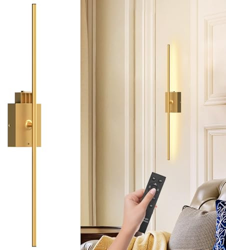 QINER Battery Operated Wall Lights, USB-C Battery Operated & Wireless Wall Lights, Battery is Removable and Dimmable 81CM Modern Wall Sconce for Living Room, Hallway, Bedroom,1Pcs Gold