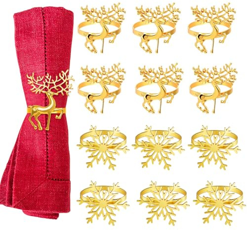 12 Stück Serviettenringhalter für Tischdeko Weihnachten - 6X Schneeflocke Rentier & 6X Schneeflocke Motiv - Aus Legierung für Hochzeit, Thanksgiving, Party-Abendessen (Gold)
