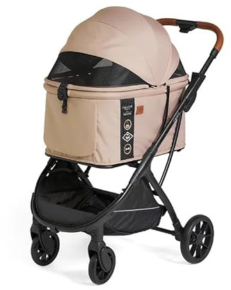 FIKAGO Agile Huggy Hund- och kattvagn, beige, lätt hundvagn upp till 30 kg, nordisk design, enhandsvikbar, bekväm gondol och stor korg