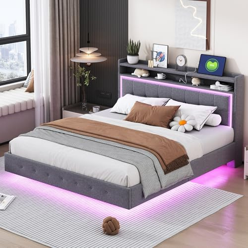 okwish Polsterbett 160x200 cm Doppelbett mit LED Beleuchtung und Ladefunktion (3xUSB 1xType-C) - Bett mit Stauraum Kopfteil - Max. Traglast: 250 kg - ohne Matratze, Leinen Grau