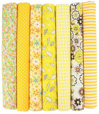 Raheem 7 Stück 50×50 cm Baumwollstoff Patchwork Set Florale, karierte, gepunktete, Pflanzenmuster, Handarbeitsstoff, Nähstoff, Ideal für Nähen, Quilten, Basteln, Puppenkleidung, Home Decor (Gelb)