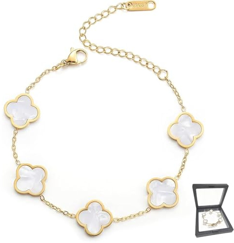 HESUSUSI 18K Goldplattiertes Vierblättriges Kleeblatt Armband, Edelstahl Zweiseitig Vierblättriges Schmuck Luxuriöses Glücksarmband, Valentinstag Muttertag Weihnachten Geschenk für Damen