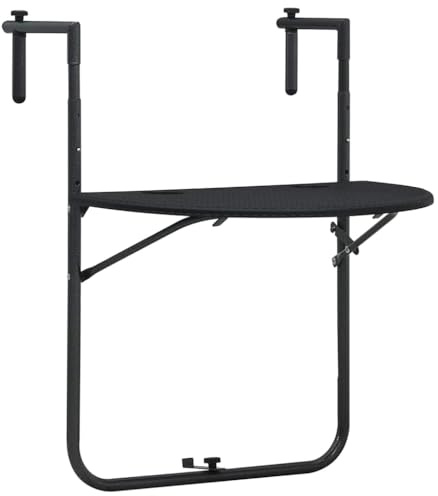 IBUQDDV Tavolo sospeso da balcone, nero, 60 x 64 x 83,5 cm, in plastica, effetto rattan, con regolazione in altezza e struttura in acciaio, resistente alle intemperie, per bevande e pratico