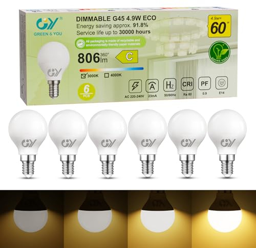GY E14 LED Dimmbar 4.9W (ersetzt 60W), 807 Lumen Hochhelligkeit, 3000K Warmweiß, G45 P45 Mini-Globe, Energieklasse C, Flimmerfrei Regulierbar, LED Leuchtmittel für Nachttischlampe, 6er Pack