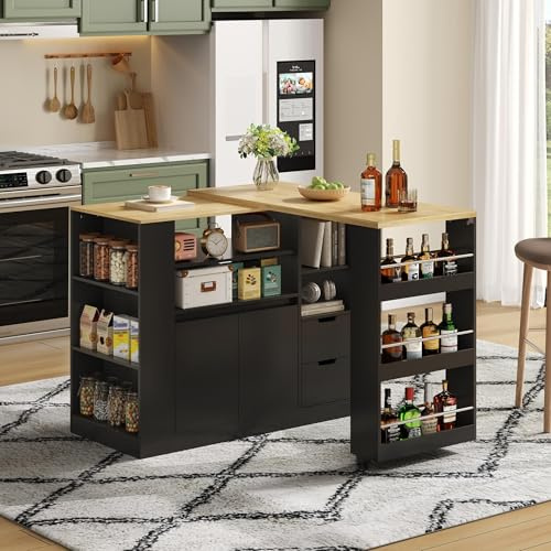 ModernLuxe Kücheninsel mit ausziehbarer Arbeitsplatte, Küchenwagen, drehbare Tischplatte, Küchenblock mit Regalen & Schubladen, Kaffeebar & Esstisch für Küche & Esszimmer,Schwarz + Holzfarbe