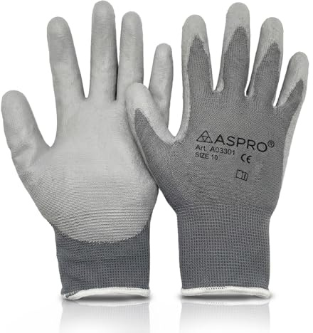 ASPRO Guanti da lavoro Grigio 8 (M) x10 - Guanti da giardinaggio - Guanti in nylon grigio con rivestimento in PU per costruzione, giardino, meccanica, magazzino e montaggio