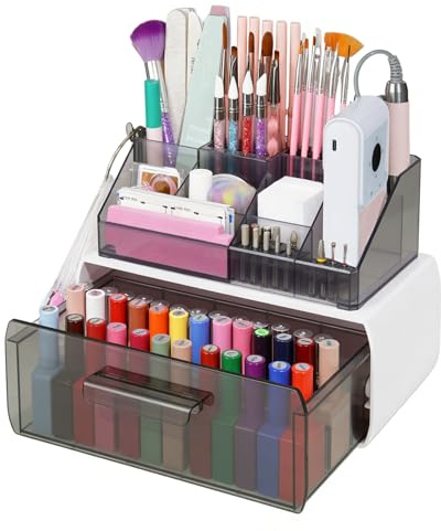Yokilly Nail Polish Organiser Storage Box, Nail Drill Holder with Drawer | Acrylic, 2 Layers, 13 Drill Bits Holes, 40 Brushes Holes, Cosmetic Makeup Organizer Case for Dresser Bathroom Vanity