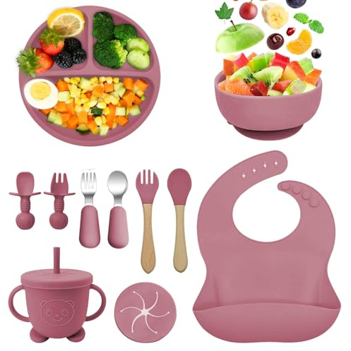 Guyisile 11 Piezas Vajilla para Bebés de Silicona Con Ventosa,Libre BPA | Vajilla de Silicona Plato Bebe,Baby Led Weaning,Cubiertos Infantiles Tazón de Platos,Cuchara de Babero,Taza de agua Potable