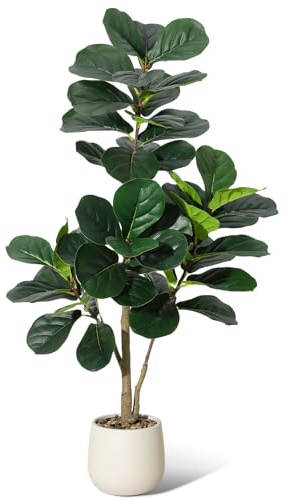 Garvee 120cm Lifelike Artificial Fiddle Leaf Fig Tree, Realistic Faux Ficus Lyrata Floor Plant, Decorative Potted Indoor Tree for Home, Office, Living Room, White Pot