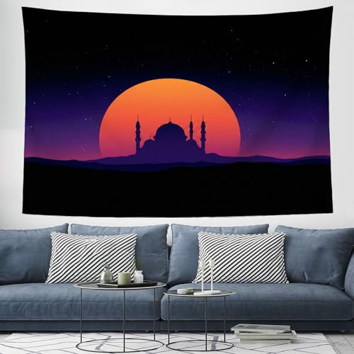 ZISTRCBAO Sonnenuntergang Silhouette Der Moschee Wandteppich, 100x75cm Minimalismus Wandtuch Tapisserie, Polyester Großer Für Schlafzimmer Wohnzimmer Wohnheim Heimdekoration, Lila
