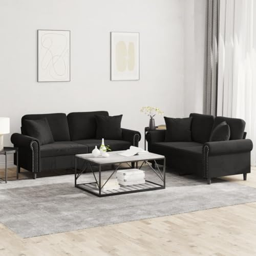 Keeushr 2-TLG. Polstergarnitur Sofagarnitur Samt Schwarz mit Kissen für Wohnzimmer, Bequemes Sitzmöbel Set mit Stabiler Konstruktion