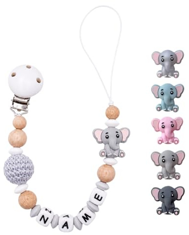 Individuell gestaltetes Babygeschenk personalisiertes Schnullerkette mit Namen für Mädchen oder Junge Baby Geschenk personalisiert zur Geburt & Taufe (Elefant)