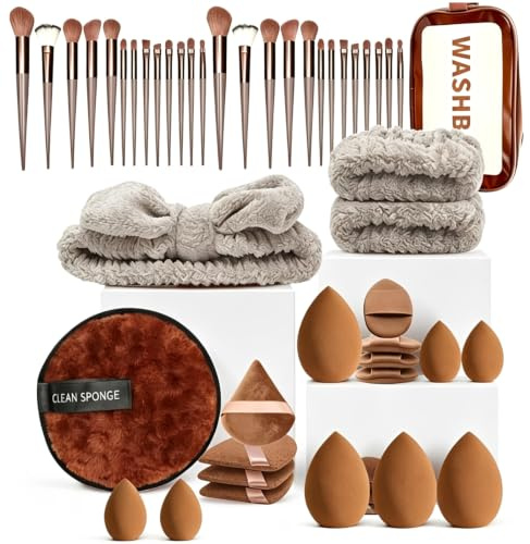QuidToyzian Ensemble de Pinceaux Maquillage 47 Pièces, Pinceau Fond de Teint, Éponges, Bandeaux et Cotons Démaquillants, Kit Professionnel Marron Usage Quotidien et Voyage