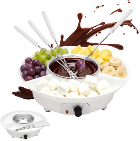 CEWROM Fonduta elettrica al cioccolato con 4 spiedini, dispositivo per sciogliere il cioccolato e la coperta, 2 livelli di temperatura, ideale per fontane di cioccolato, fonduta di cioccolato Candy