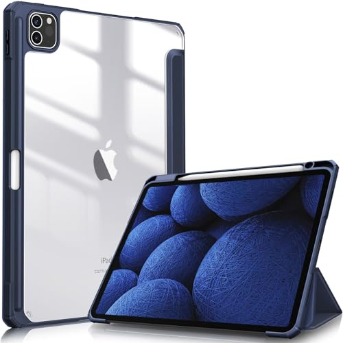 FINTIE Étui Hybride Compatible avec iPad Pro 11 (2022/2021/2020/2018, 4e/3e/2e/1ère génération) – Coque Transparente Ultra Fine Antichoc avec Porte-Crayon, Veille/réveil Automatique, Bleu Marine