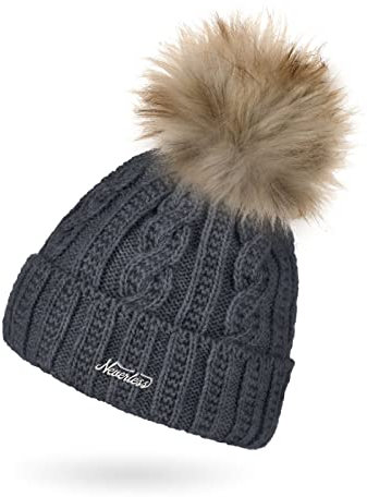 Neverless® Damen Strick-Mütze mit Innenfutter Fleece Fell-Bommel Kunstfell Bommelmütze Zopfstrickmuster Umschlag dunkelgrau Unisize