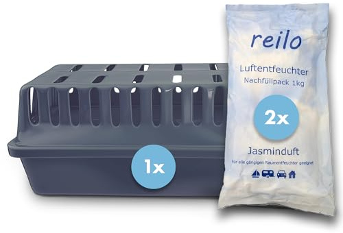reilo 1x XXL Raumentfeuchterbox und 2x 1kg Jasmin-Duft Luftentfeuchtergranulat, Luftentfeuchter-Komplettset, Raumentfeuchter im Vliesbeutel, für Auto, Schlafzimmer, Keller