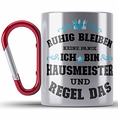 Trendation - Hausmeister Edelstahl Tasse Karabiner Lustiges Geschenke Lustig Spruch Haustechniker Geschenkidee Sprüche Keine Panik (Rot)