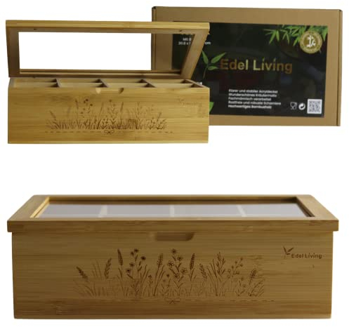 Edel Living Premium Teebox Holz mit 8 Fächern, Acrylglasfenster, Kräutergravur & Magnetverschluss - vielseitig verwendbar für Teebeutel, Kaffeekapseln & mehr (Ambus Teebox)