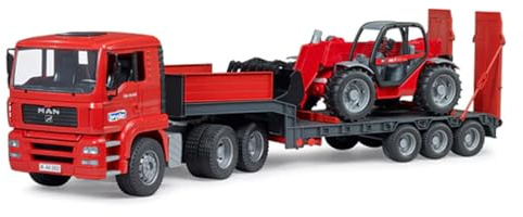 bruder 02774 – Man TGA låglastare med Manitou teleskoplastare MLT 633-1:16 fordon, lågladare, transportbil, lastbil, hjullastare, leksak från 3 år