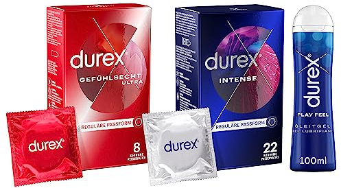 Durex Ausprobier-Set mit Gefühlsecht Ultra Kondome 8 Stück & Intense Orgasmic Kondome 22 Stück & Play Feel Gleitgel 100ml