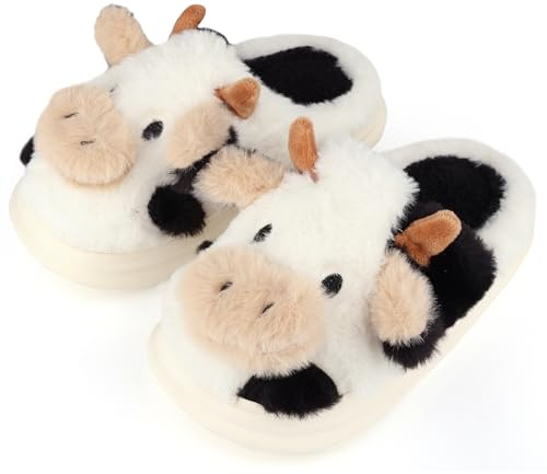 IONOKO Zapatillas Casa Niña Vacas lindo de peluche Invierno Espesar Slippers Casa Interior Antideslizantes Caliente Pantuflas Mujer Suave Algodón Zapatos