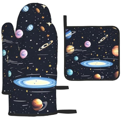 The Solar Family - Set di 3 guanti e presine antiscottatura per cucina, cottura e grigliata, regalo di Natale per la festa della mamma