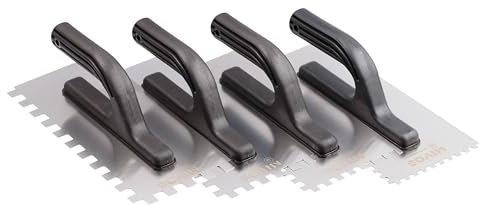 Mivos Set di 4 spatole dentate in acciaio inox 6x6 8x8 10x10 12x12 mm – Cazzuola dentata 270x130 con manico in plastica – Cazzuola per piastrelle antiruggine – grattugia – Made in EU