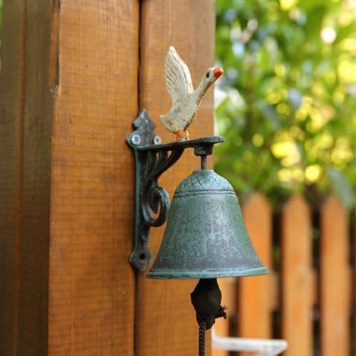 Türglocke Gusseisen Glocke Mittlere Schmiedeeiserne Schüttelglocke mit Weißem Vogel, Handbemalte Bunte Türklingel für Hausgarten Terrasse Lebensmittelpavillon