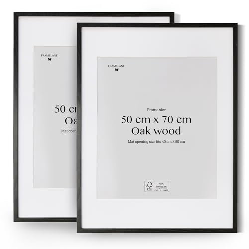 Framelane Set de 2 Marco Negro 50x70 de Roble Macizo Certificado FSC con Paspartú Blanco y Vidrio Acrílico Resistente a Arañazos y Roturas, Marco Poster 50x70 Vertical u Horizontal