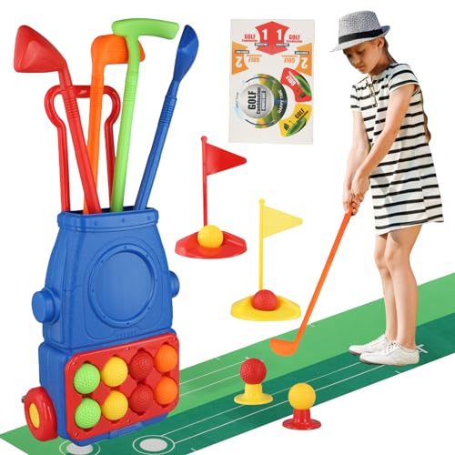 Litinliv Ensemble de Jouets de Golf, Coffret de Golf, 4 bâtons de Golf, Chariot, 8 Balles, Tapis de Putt, Jouets de Sport d'extérieur et d'intérieur, Jeu de Jardin, Jouets Cadeaux pour Enfants