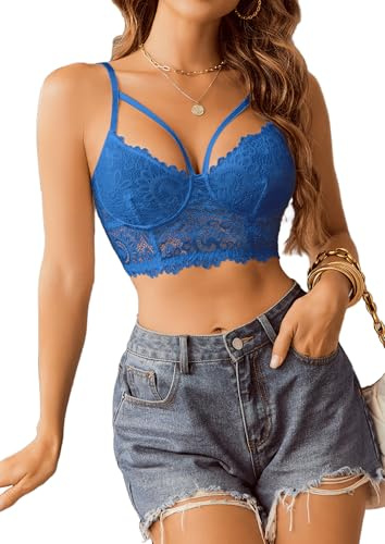 Weardear Camisetas Interiores para Mujer Camisas con Sujetador Bustier de Encaje sin Aros Tops Cortos Sexy Tirantes Espaguetis Ajustables Bralettes con Cuello en V Cami Tank Top A-Azul XL