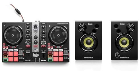 Hercules DJControl Inpulse 200 MK2 — Ideal DJ Controller for Learning to Mix & DJMonitor 32-2 x 15 watts RMS active monitoring speakers - UK Version, Black