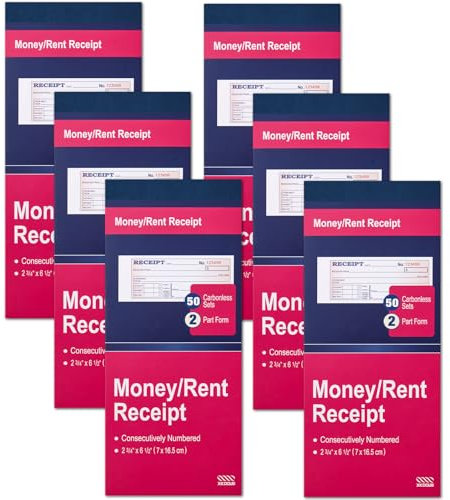 XKDOUS 6 Pack Receipt Book with Carbon Copies, Money and Rent Receipt Book 2 Part Carbonless, 2-3/4 x 6-1/2 Receipt Book for Small Business, 50 Sets per Book