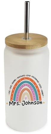 Getagift Personalised Teachers Tumbler, Rainbow Tumbler Gift, Frosted Glass Tumbler 18 OZ with Bamboo Lid and Silver Straw, Glass Can, Wide Mouth Jar for Drinks.