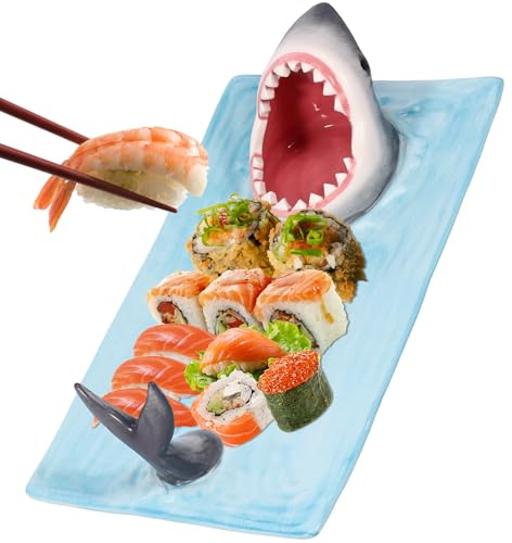 shaojian Sushi Plate Ceramic Shark-Shaped Sushi Serving Plate with Soy Sauce Holder 12.9 x 7.8 inch Rectangle Snack Cheese Board Creative 3D Hungry Dinner Plates for Dessert Side Dishes