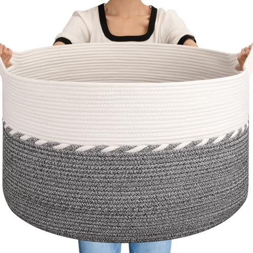 OIAHOMY Extra großer Deckenkorb, 125 l, 63,5 x 40,6 cm, Jumbo-Wäschekorb, Baumwollseilkorb mit Griffen, Aufbewahrungsbehälter für Baby-Spielzeug, Schwarz