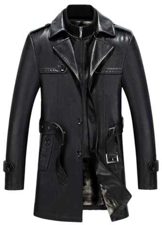 Ownwfeat Manteau en cuir mi-long pour homme en peau de mouton et polaire épaisse, Noir , XXL Tall
