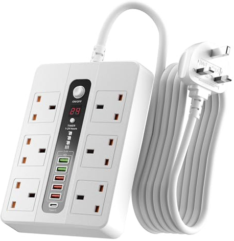 Extension Lead with USB, 6 Way Power Strip, 1-24H Timer, Surge Protected | 5 USB-A + 1 USB-C Charging Ports, 3M/9.84FT Cable for Home Office, Desks and Bedrooms, UK Plug for Multi Device Charging