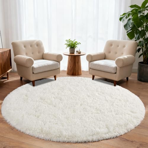 BSGIFT Runder Teppich 160 cm Durchmesser, Shaggy Hochflor Teppich Creme Flauschig, Langflor Kuschelteppich Wohnzimmerteppich High-Pile Carpet rutschfest für Wohnzimmer Kinderzimmer Schlafzimmer