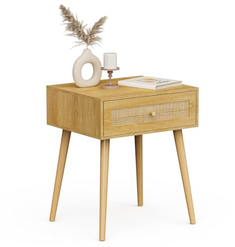 VonHaus Bedside Table for Bedroom - Scandi Style 1 Drawer Natural Rattan