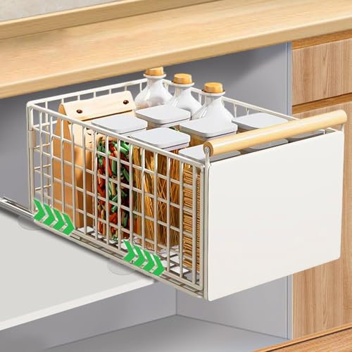 Yiomxhi Teleskopschublade, Ausziehbare Schubladen Küche Aufbewahrungsregale für Küchenschränke mit Griff, Klappbar Küchenschrank Organizer Schrank Küchenschublade Ohne Bohren, Weiß, Groß