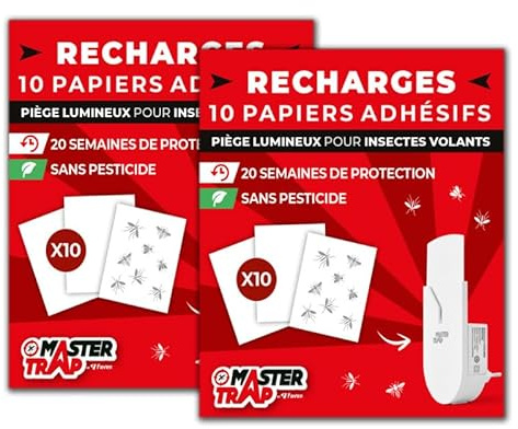 MASTER TRAP BY FAVEX - Lot de 20 recharges pour piège lumineux insectes volants Master Trap - Protection mites, mouches à fruits, moucherons - 20 papiers autocollants - Protection 40 semaines