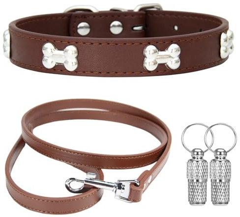 Suiecuor Halsband und Leinenhalsband hundehalsband kleine Hunde Lederhalsband Geeignet für kleine mittlere groß Hunde und Katzen Braun XS