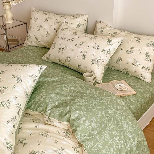 Wotcsil Bettwäsche 135x200 Baumwolle Grün Beige Bettbezug 135 x 200 Baumwolle Bettwäsche Set Blumen mit Kissenbezug 80x80 cm und Reißverschluss