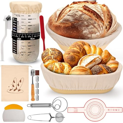 16-Teiliges Sauerteig Starter Set,Klappbare Silikongärkörbe rund und oval，Gärkörbchen Set mit Sauerteig Glas - ideal für Professionelle und Häusliche Bäcker Brotbacken