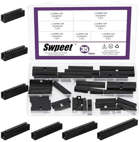 Swpeet 35pcs 2,54 mm Pitch 20 24 26 30 34 40 50 Pin DIP IC Sockets Adapter Sortiment Kit, DIP IC Stecker, Box Header Stecker, Doppelreihe gerade Pin Header für Leiterplatte