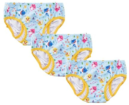 Baby Shark Swim Pants Reuseable 3 Pack Babies & Toddler Range Swim Pants 85% Polyester, 15% Spandex Lightweight Washable Leak Guard, Pull Up Stretch Waist (Blue/Yellow, M (1-2Y)
