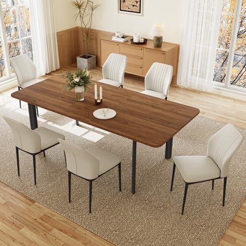 JIEXI Esstisch Mit 4-8 Stühlen Set, Essgruppe Tisch Ausziehbar, Moderner, Stilvoller MDF-Platten Esstisch Für Das Wohnzimmer (160-200cm Walnussfarbener Tisch + 6 weiße Stühle)